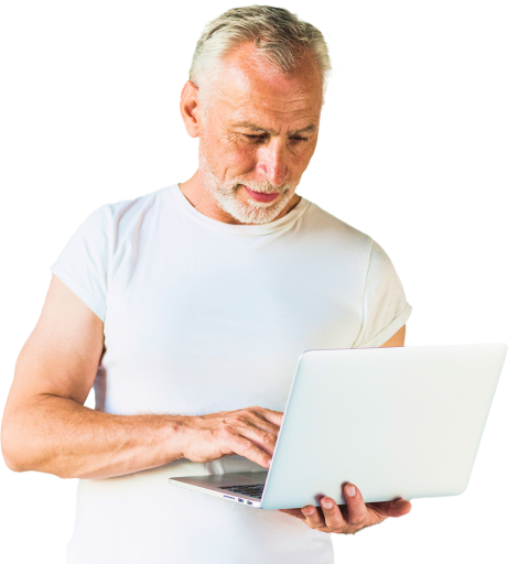 senior-man-using-laptop-standing-front-concrete-wall 1