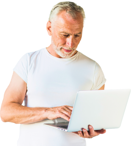 senior-man-using-laptop-standing-front-concrete-wall 1