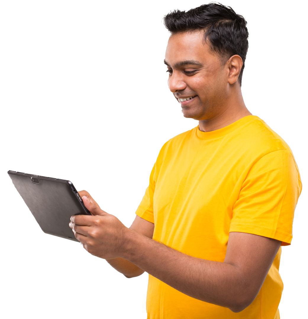Man in yellow shirt holding a tablet to schedule a visit